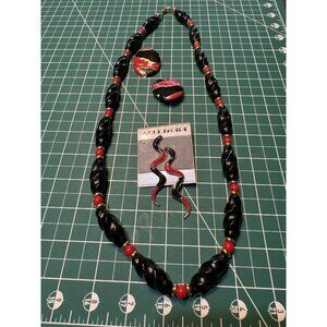 Napier Vintage Necklace 2 Earrings Black & Red Enamel Necklace Earrings & Brooch